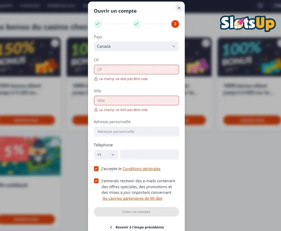 Mr.Bet Casino Enregistrement en ligne Etape 3